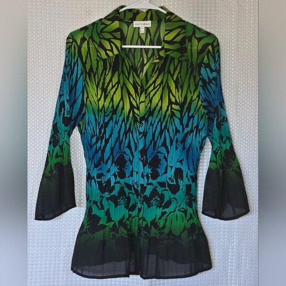 Sheer Chiffon Blouse Green Blue Ombre Floral Top Flowy Bell Sleeve Work to Weeke - Picture 3 of 11
